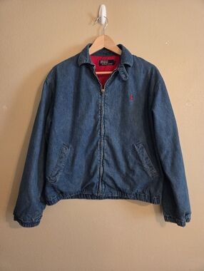 POLO RALPH LAUREN 80's Vintage Full Zip Red Lined Insulated Denim Bomber Jacket